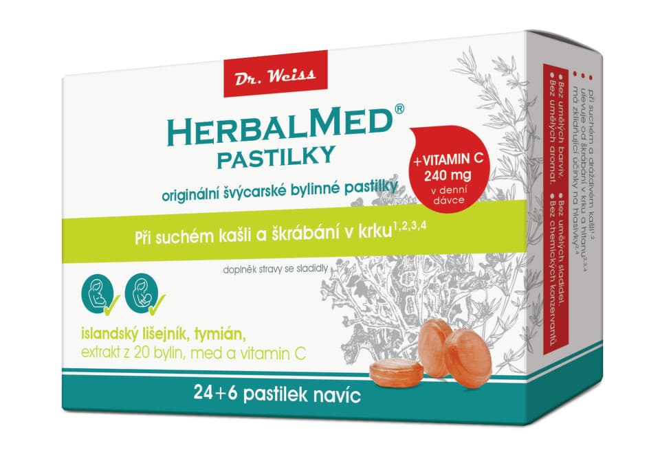 HerbalMed Dr.Weiss Islandský lišejník + tymián + med +vitamin C 24+6 pastilek